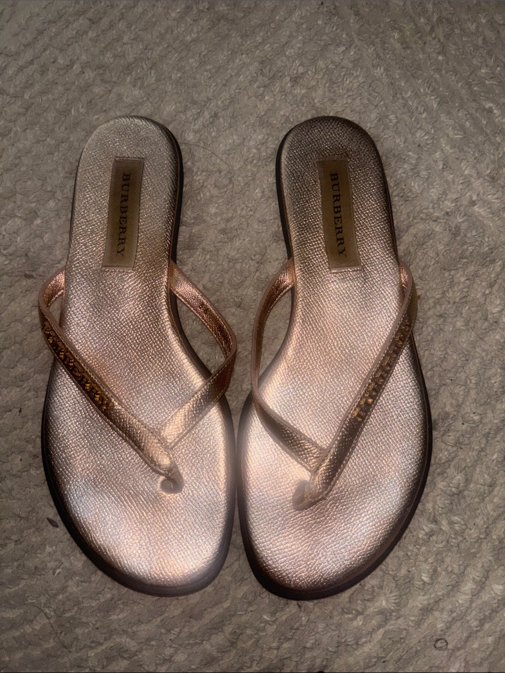 Vintage Burberry Rose Gold Metallic Logo Flip Flop Sandals for Women